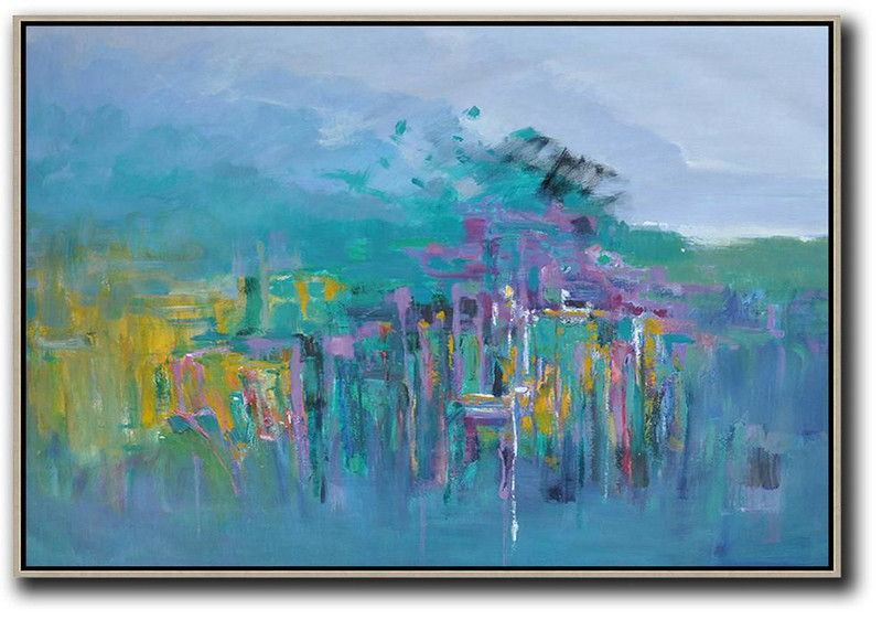 Horizontal Abstract Landscape Oil Painting,Large Abstract Wall Art Purple Grey,Green,Yellow,Purple